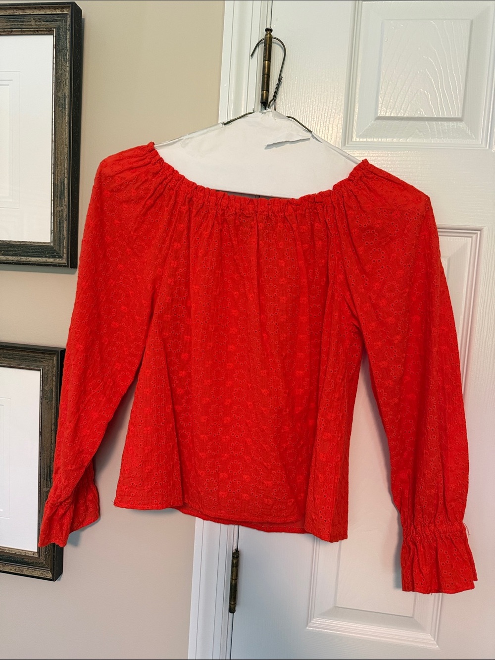 Lea & Viola Bright Red Off-Shoulder Eyelet Blouse